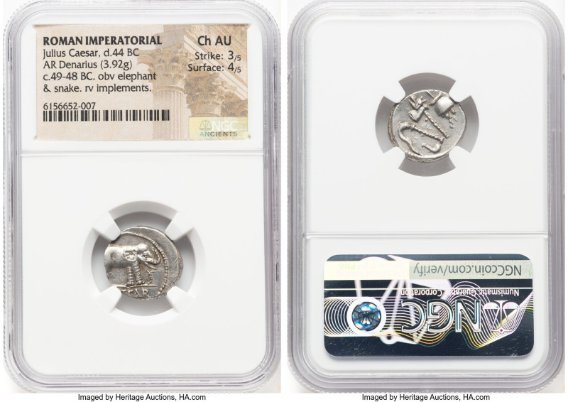 Julius Caesar, as Dictator (49-44 BC). AR denarius (17mm, 3.92 gm, 5h). NGC Choi...