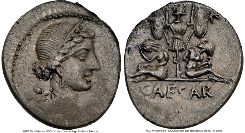 Julius Caesar, as Dictator (49-44 BC). AR denarius (19mm, 3.62 gm, 11h). NGC AU ...