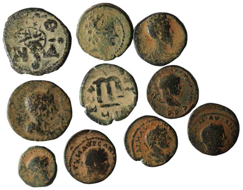 Lot of 10 ancient bronze coins. artificial sandpatina. sold as seen, no return.