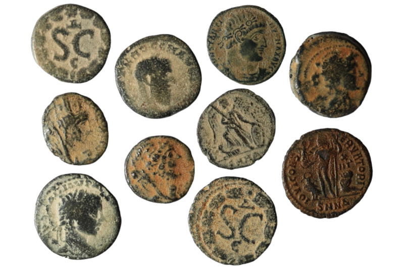 Lot of 10 ancient bronze coins. artificial sandpatina. sold as seen, no return.