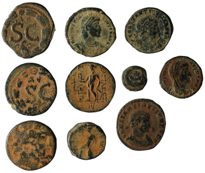 Lot of 10 ancient bronze coins. artificial sandpatina. sold as seen, no return.