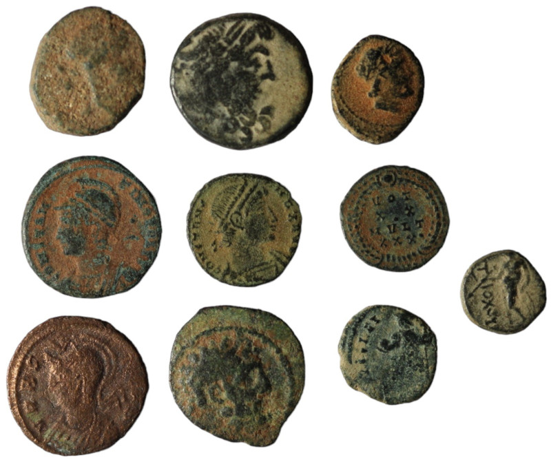 Lot of 10 ancient bronze coins. artificial sandpatina. sold as seen, no return.