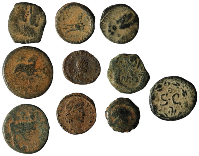 Lot of 10 ancient bronze coins. artificial sandpatina. sold as seen, no return.