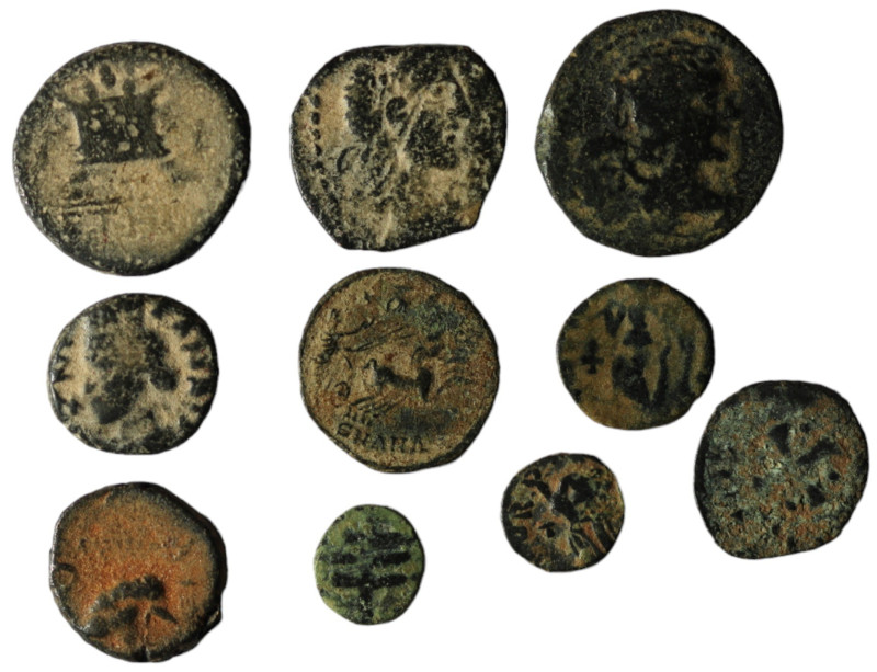 Lot of 10 ancient bronze coins. artificial sandpatina. sold as seen, no return.