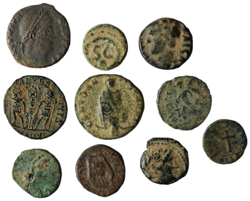 Lot of 10 ancient bronze coins. artificial sandpatina. sold as seen, no return.