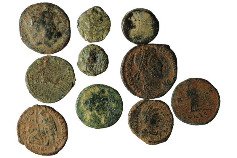 Lot of 10 ancient bronze coins. artificial sandpatina. sold as seen, no return.