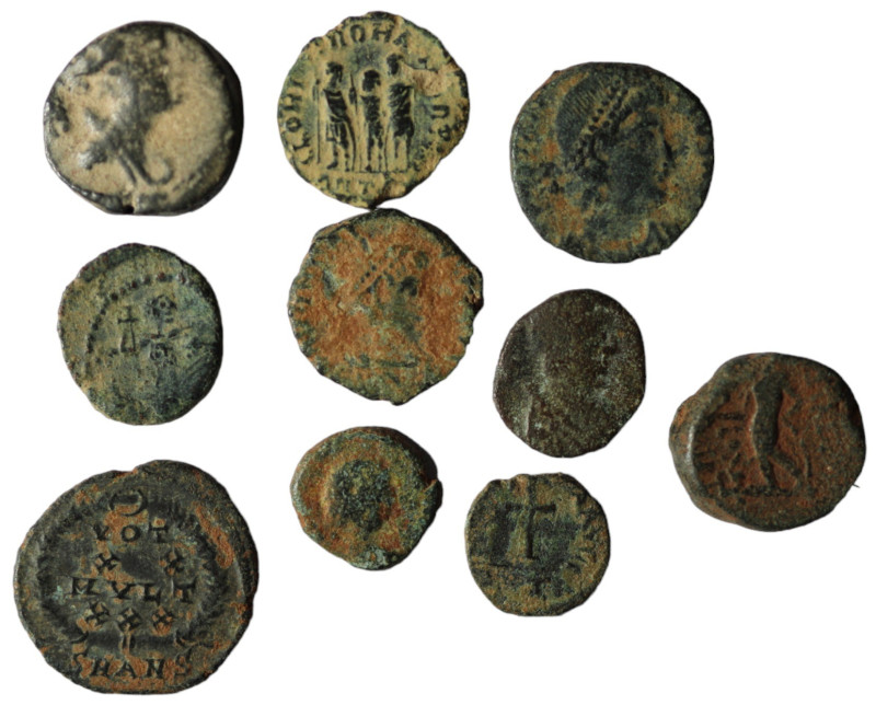 Lot of 10 ancient bronze coins. artificial sandpatina. sold as seen, no return.