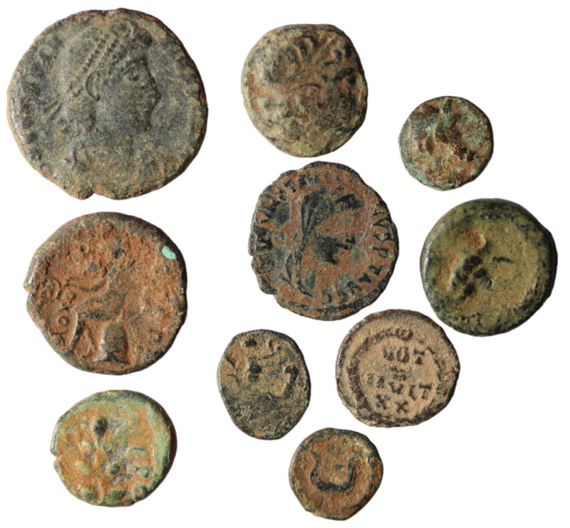 Lot of 10 ancient bronze coins. artificial sandpatina. sold as seen, no return.