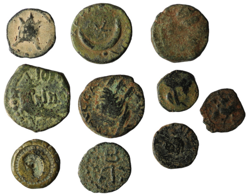 Lot of 10 ancient bronze coins. artificial sandpatina. sold as seen, no return.