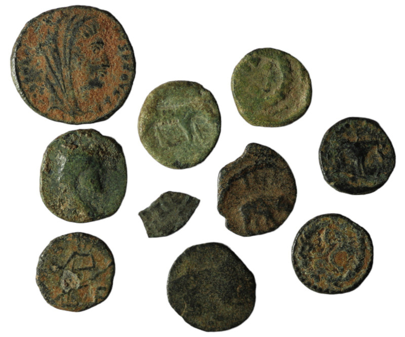 Lot of 10 ancient bronze coins. artificial sandpatina. sold as seen, no return.