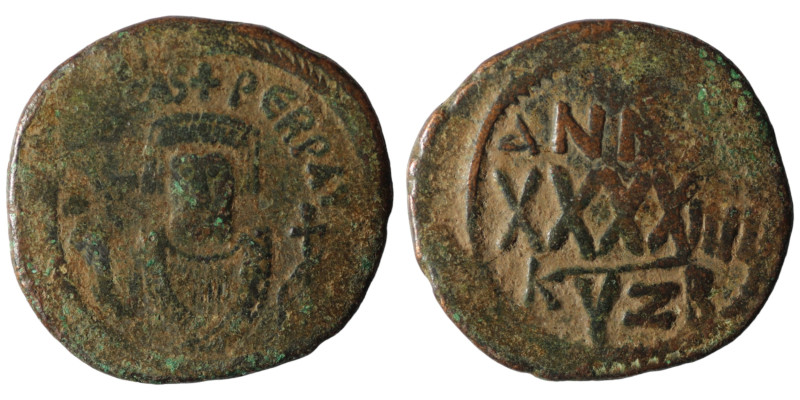 Phocas. (605-606 AD). Æ 40 Nummi. Cyzicus. Obv: bust of Phocas facing. Rev: ANNO...