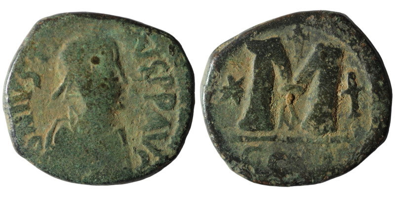 Justin I. (518-527 AD) Æ Follis. Constantinople. Obv: D N IVSTINVS P P AVG. diad...