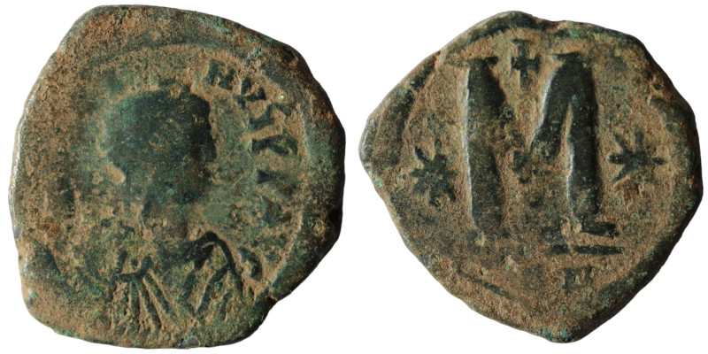 Justin I. (518-527 AD) Æ Follis. Constantinople. Obv: D N IVSTINVS P P AVG. diad...