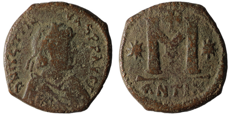 Justinian I. (527-565 AD) Æ Follis. Antioch. Obv: D N IVSTINIANVS PP AVI. diadem...