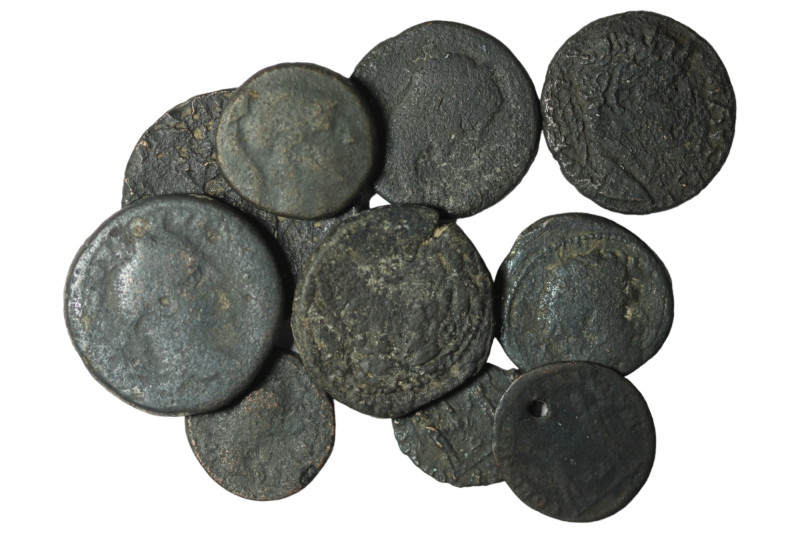 Lot of 10 ancient bronze coins. repatinated. sold as seen, no return.