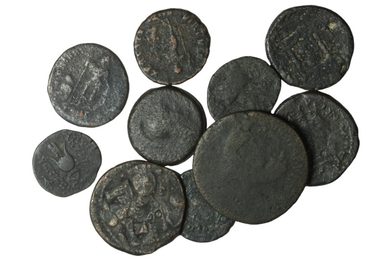 Lot of 10 ancient bronze coins. repatinated. sold as seen, no return.