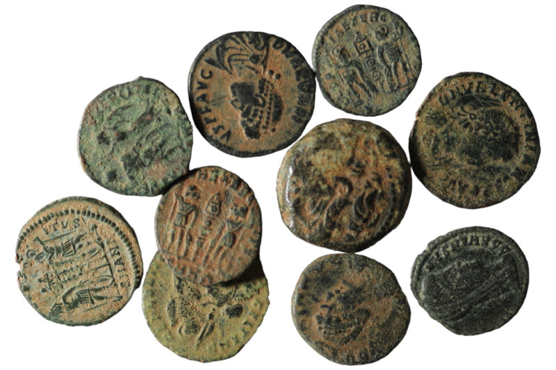 Lot of 10 ancient bronze coins. artificial sandpatina. sold as seen, no return.