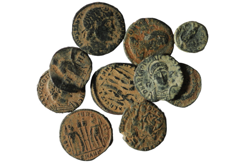 Lot of 10 ancient bronze coins. artificial sandpatina. sold as seen, no return.