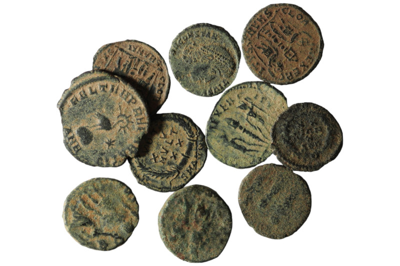 Lot of 10 ancient bronze coins. artificial sandpatina. sold as seen, no return.