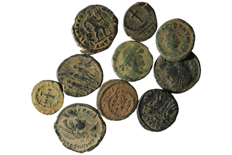 Lot of 10 ancient bronze coins. artificial sandpatina. sold as seen, no return.