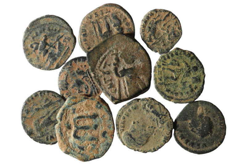 Lot of 10 ancient bronze coins. artificial sandpatina. sold as seen, no return.