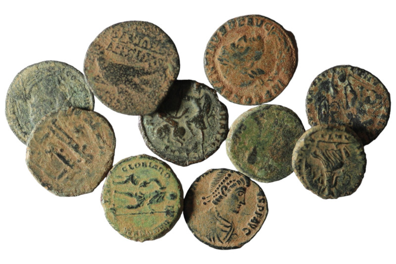 Lot of 10 ancient bronze coins. artificial sandpatina. sold as seen, no return.