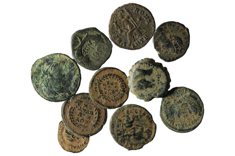 Lot of 10 ancient bronze coins. artificial sandpatina. sold as seen, no return.