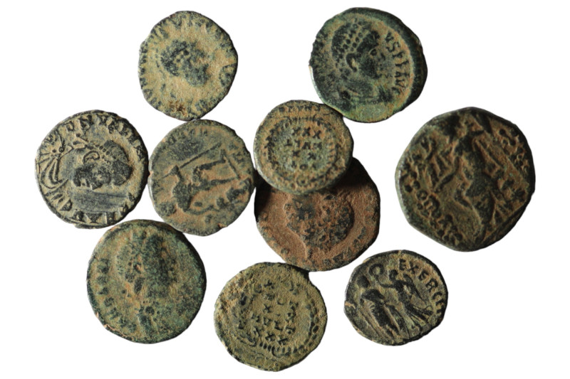 Lot of 10 ancient bronze coins. artificial sandpatina. sold as seen, no return.