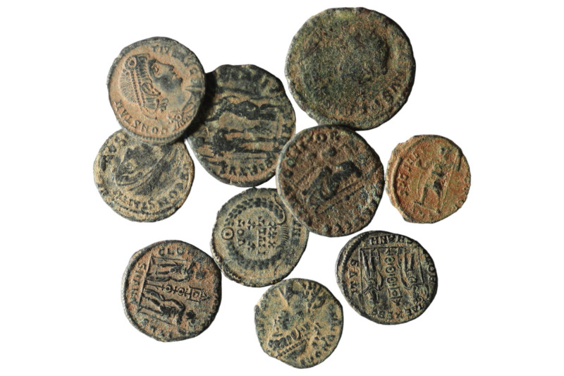 Lot of 10 ancient bronze coins. artificial sandpatina. sold as seen, no return.