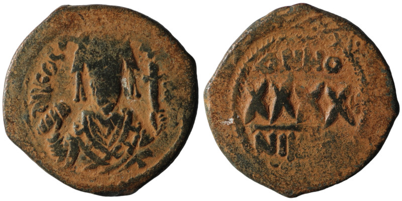 Phocas. (605-606 AD). Æ 40 Nummi. Cyzicus. Obv: bust of Phocas facing. Rev: ANNO...