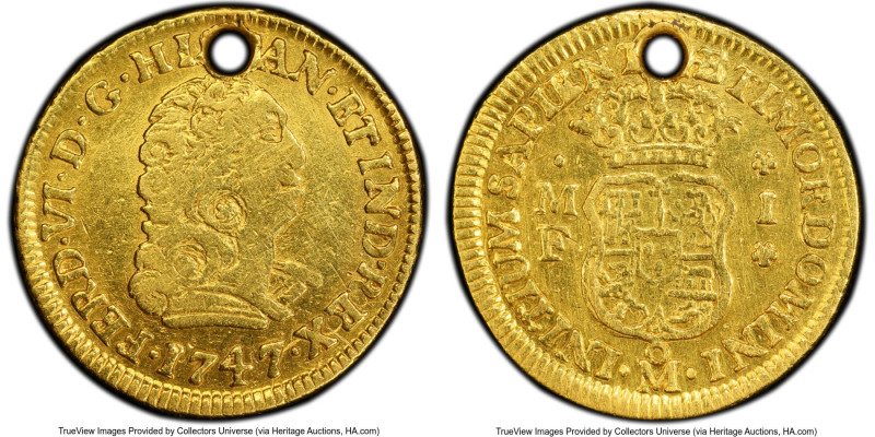 Ferdinand VI gold Escudo 1747 Mo-MF VF Details (Holed) PCGS, Mexico City mint, K...