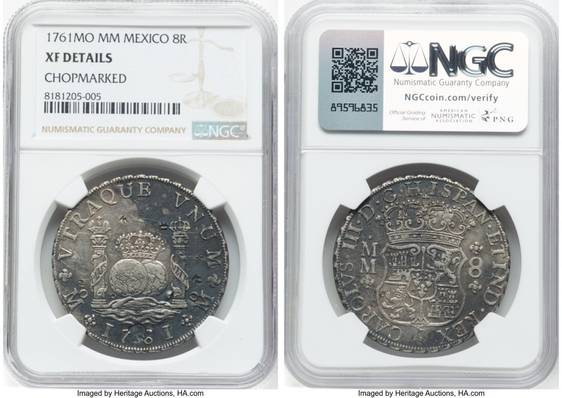 Charles III 8 Reales 1761 Mo-MM XF Details (Chopmarked) NGC, Mexico City mint, K...