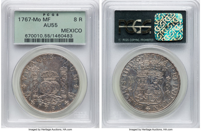 Charles III 8 Reales 1767 Mo-MF AU55 PCGS, Mexico City mint, KM105, Cal-1092. A ...