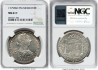 Charles III 8 Reales 1775 Mo-FM MS61+ NGC, Mexico City mint, KM106.2, Cal-1109. An unusually glossy Mint State specimen for a date that is conditional...