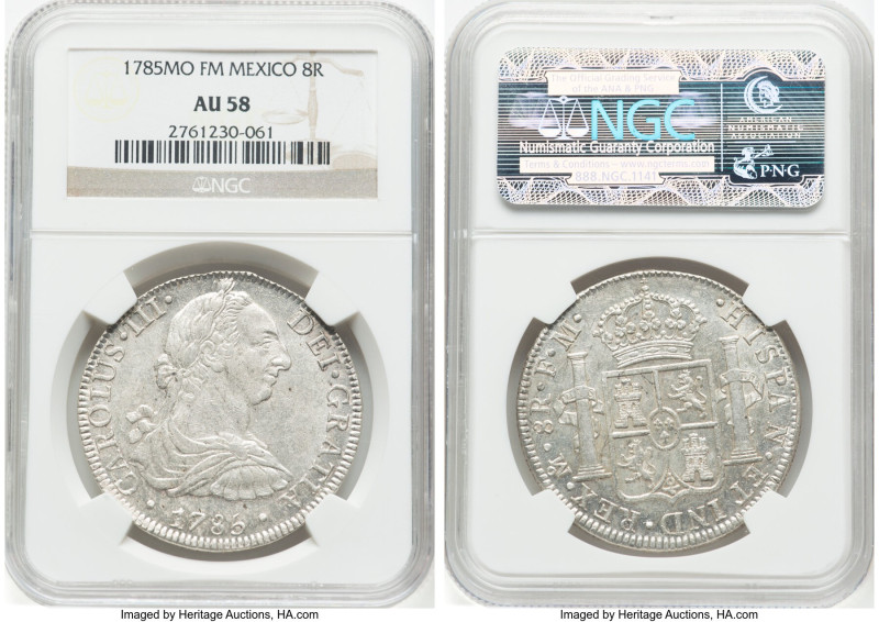 Charles III 8 Reales 1785 Mo-FM AU58 NGC, Mexico City mint, KM106.2a, Cal-1127. ...