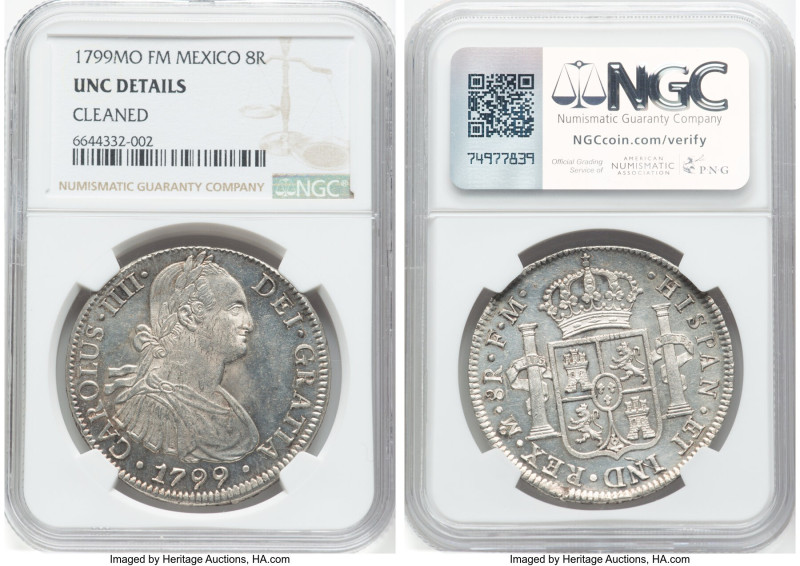 Charles IV 8 Reales 1799 Mo-FM UNC Details (Cleaned) NGC, Mexico City mint, KM10...