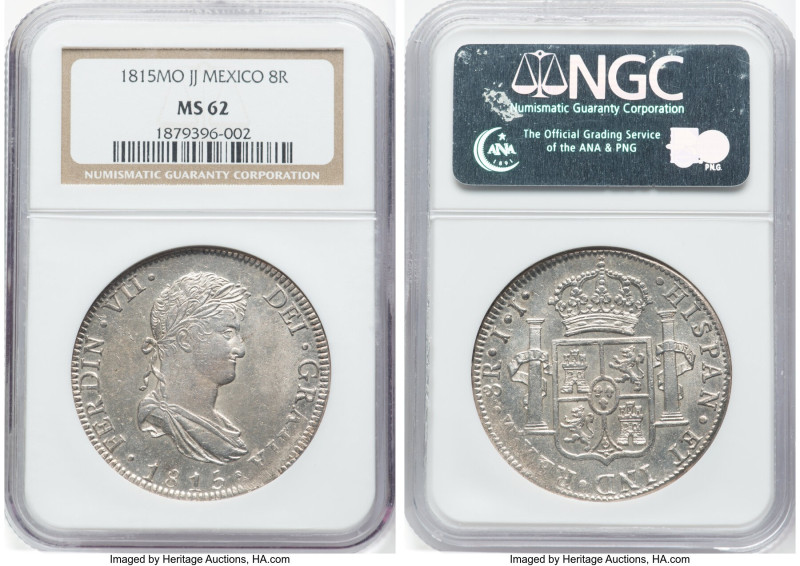 Ferdinand VII 8 Reales 1815 Mo-JJ MS62 NGC, Mexico City mint, KM111, Cal-1328. A...