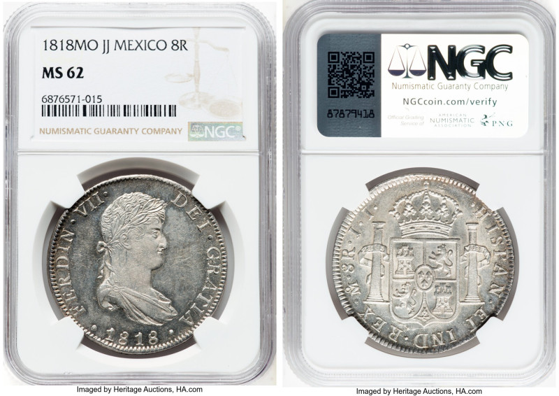 Ferdinand VII 8 Reales 1818 Mo-JJ MS62 NGC, Mexico City mint, KM111, Cal-1333. A...