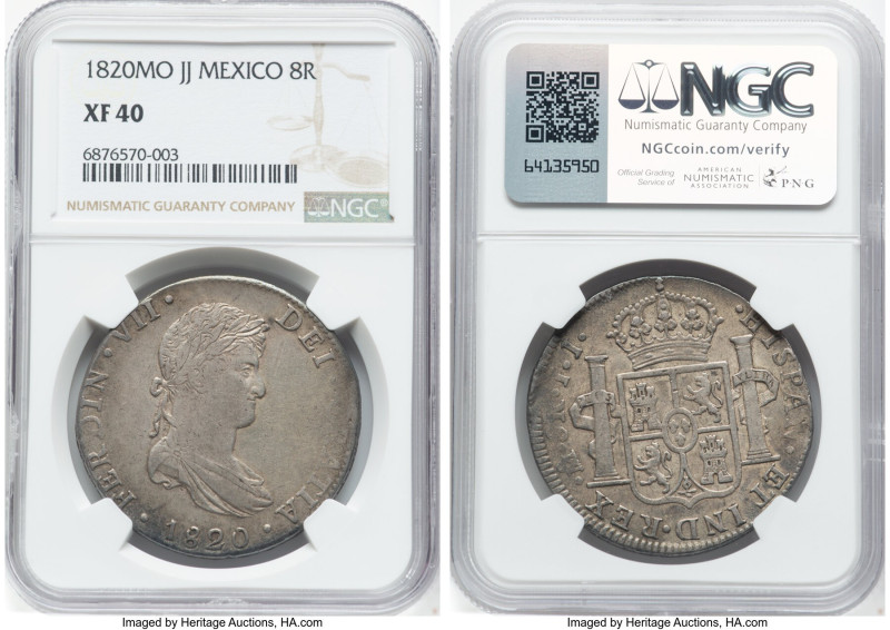 Ferdinand VII 8 Reales 1820 Mo-JJ XF40 NGC, Mexico City mint, KM111, Cal-1336. H...