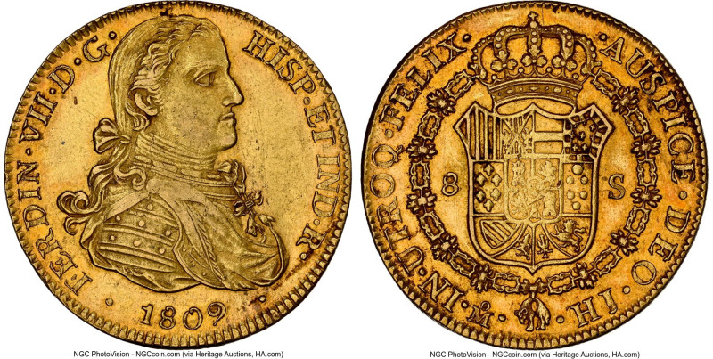 Ferdinand VII gold 8 Escudos 1809 Mo-HJ AU58 NGC, Mexico City mint, KM160, Cal-1...