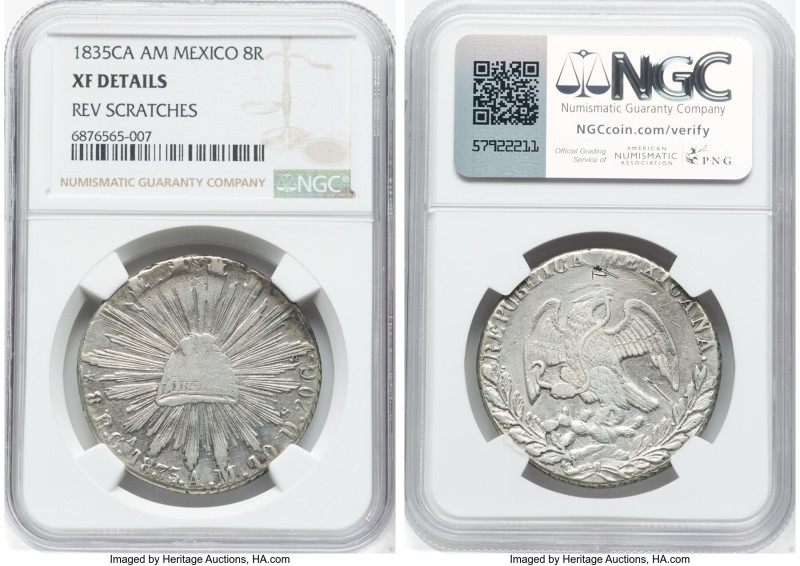 Republic 8 Reales 1835 Ca-AM XF Details (Reverse Scratched) NGC, Chihuahua mint,...