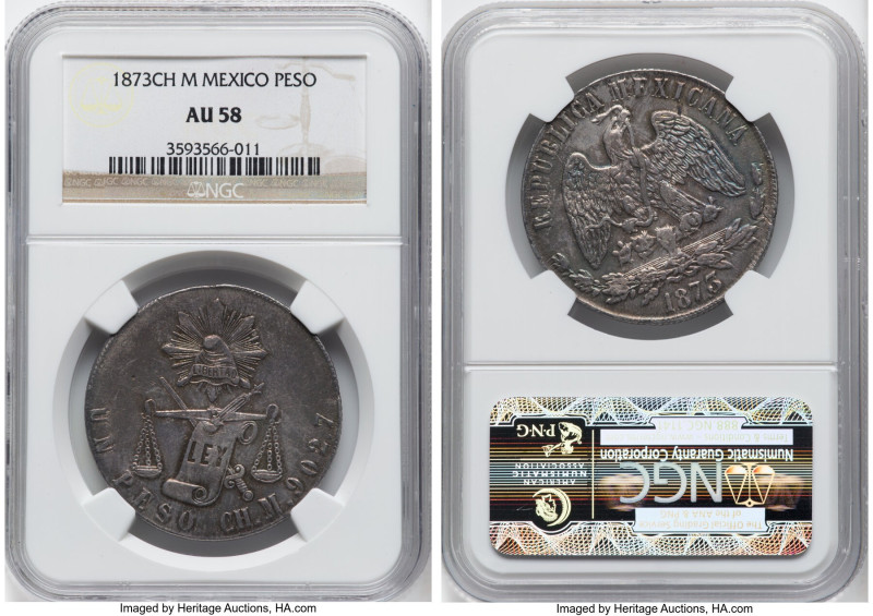 Republic Peso 1873 CH-M AU58 NGC, Chihuahua mint, KM408. A tougher date and mint...