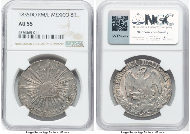 Republic 8 Reales 1835 Do-RM/L AU55 NGC, Durango mint, KM377.4, DP-Do12. HID0980...