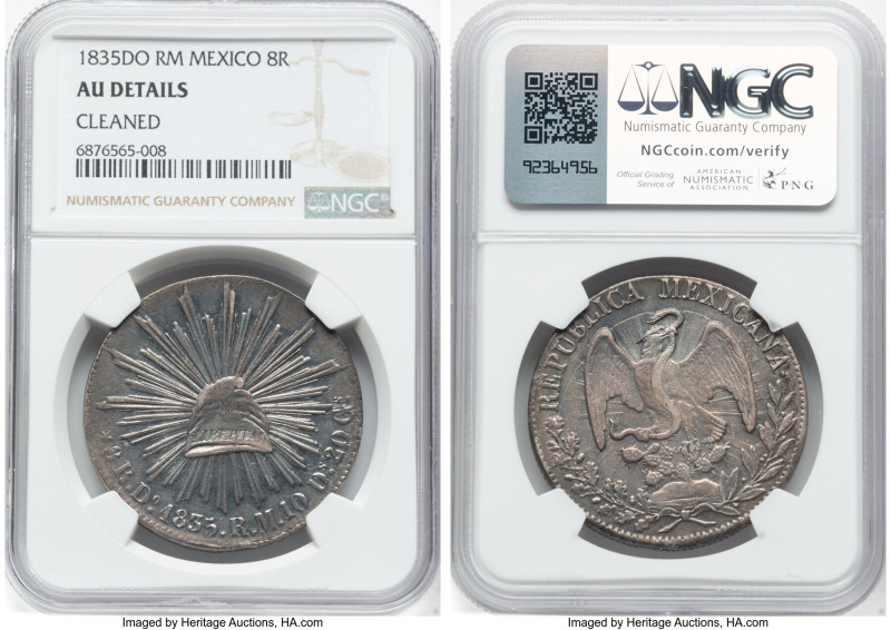 Republic 8 Reales 1835 Do-RM AU Details (Cleaned) NGC, Durango mint, KM377.4, DP...