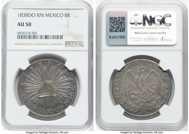 Republic 8 Reales 1838 Do-RM AU50 NGC, Durango mint, KM377.4, DP-Do15. HID098012...