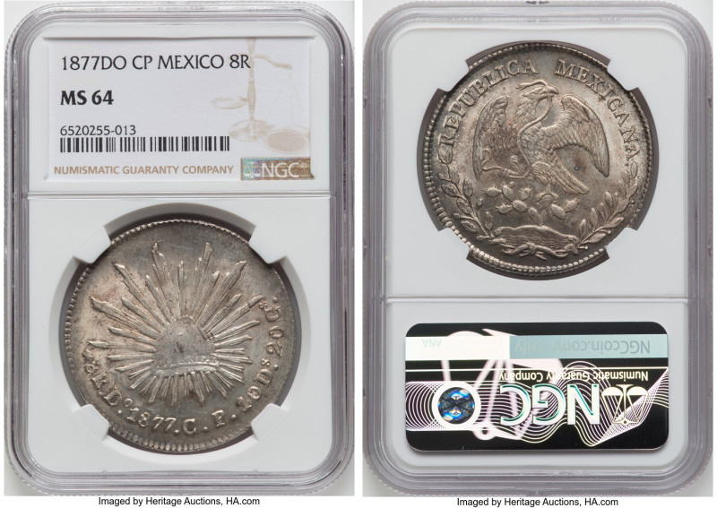 Republic 8 Reales 1877 Do-CP MS64 NGC, Durango mint, KM377.4, DP-Do62. An immens...