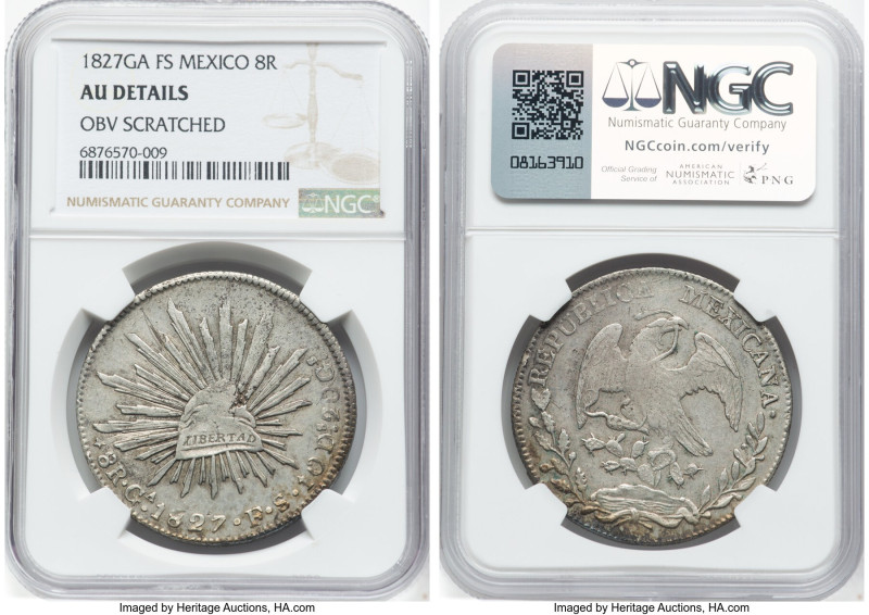 Republic 8 Reales 1827 Ga-FS AU Details (Obverse Scratched) NGC, Guadalajara min...