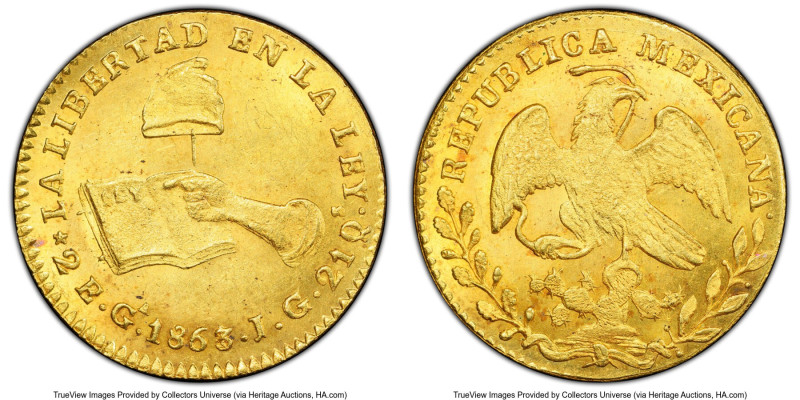 Republic gold 2 Escudos 1863/1 Ga-JG MS63 PCGS, Guadalajara mint, KM380.3, Fr-91...