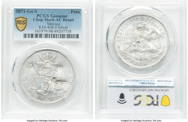 Republic Peso 1871 Go-S AU Details (Chop Mark) PCGS, Guanajuato mint, KM408.4. H...