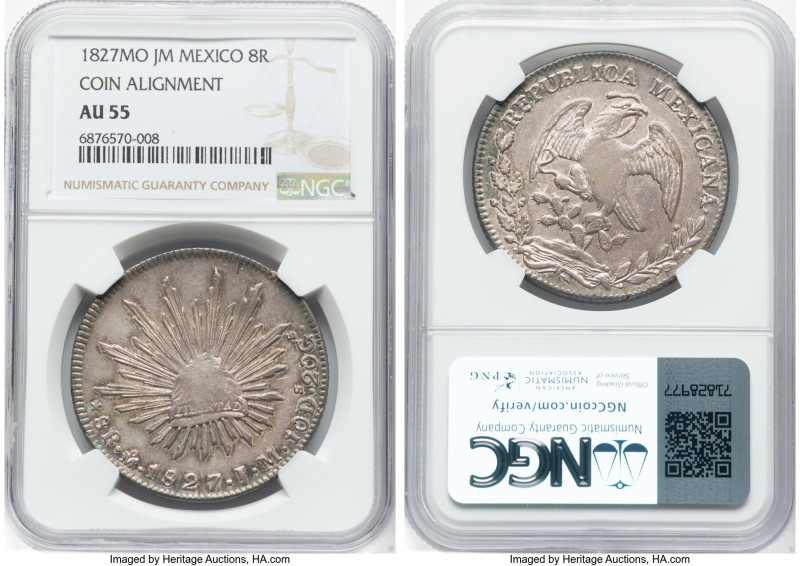 Republic 8 Reales 1827 Mo-JM AU55 NGC, Mexico City mint, KM377.10, DP-Mo06. Coin...